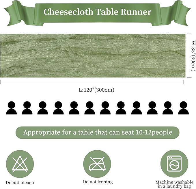 Sage Green Christmas Cheesecloth Table Runner 10FT Long Boho Gauze Table Runner Rustic Sheer Runner for Wedding Bridal Baby Shower Birthday Party Table Decor Home Christmas Decorations（6 Pack）
