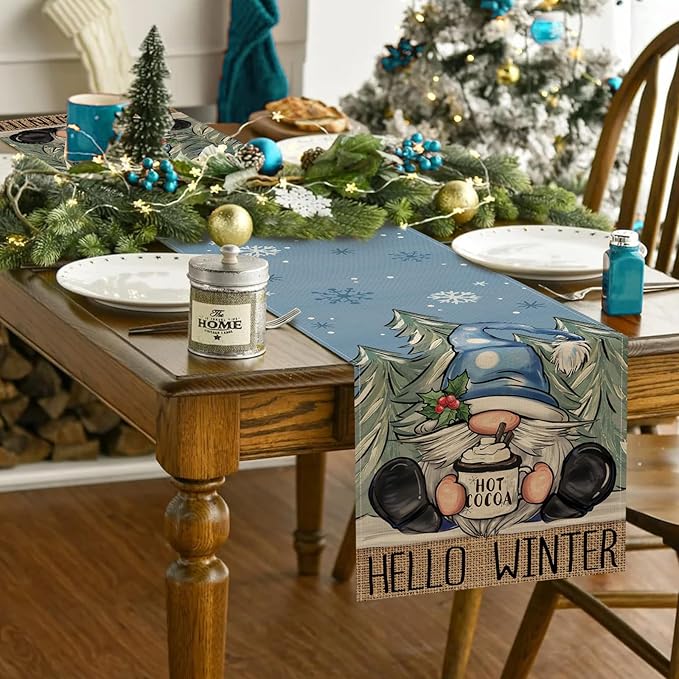 Seliem Hello Winter Blue Gnome Table Runner, Pine Tree Snowflake Hot Cocoa Farmhouse Kitchen Dining Table Decor, Christmas Holiday Rustic Home Decoration Indoor Outdoor Party Supply 13 x 72 Inches