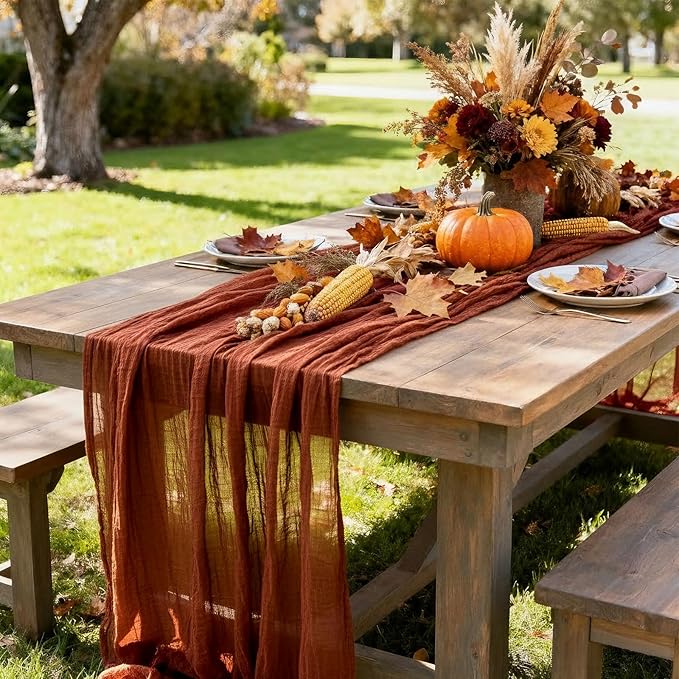 Terracotta Fall Thanksgiving Cheesecloth Table Runner, 10 FT Boho Rustic Cheese Cloth Gauze, 35x120 Inches Burnt Orange Centerpieces for Wedding Thanksgiving Friendsgiving Party Decor, 1 Pack