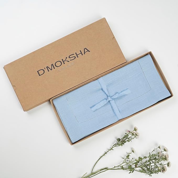 D'Moksha Homes Linen Powder Blue Table Runner 60 Inches - Classic Hemstitch, 100% Pure Linen Coffee Table Runner 14 x 60 Inch Ideal for Dresser Tables - Winter, Christmas, Holiday, New Year
