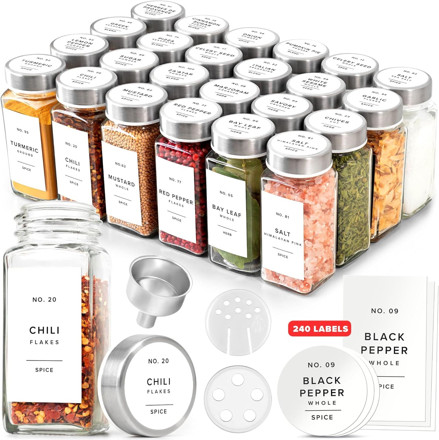 Glass Spice Jars with Label and Stainless Steel Lids (24 x 4oz) Spice Containers with 240 Labels, Shaker Inserts, Steel Funnel, Empty Square Empty Square Seasoning Organizer (White)