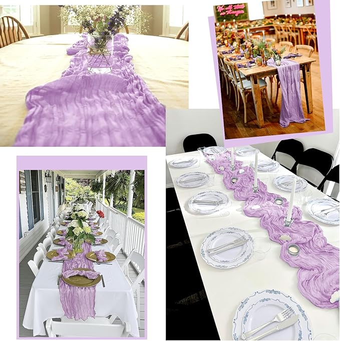 12 Pack Lavender Table Runner 10Ft Cheesecloth Table Runner Rustic Gauze Table Runners Romantic Long Sheer Fabric Cheese Cloth Table Runners for Wedding Party Bridal Baby Shower