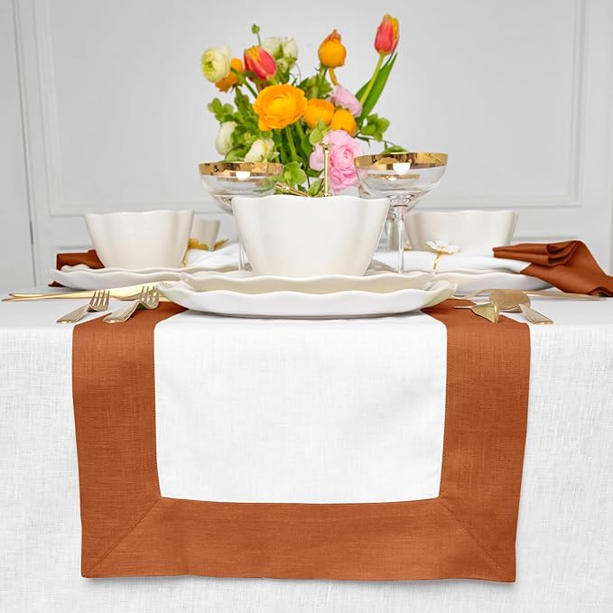 Solino Home Linen Table Runner 36 Inches - 100% Pure Linen Cinnamon and White Small Table Runner 14 x 36 Inch Ideal for Dresser and Coffee Tables - Contempo