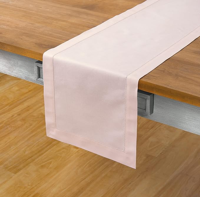 Solino Home Pink Table Runner 60 Inches - Cotton Linen Hemstitch Coffee Table Runner 14 x 60 Inch Ideal for Dresser Tables - Christmas, New Year
