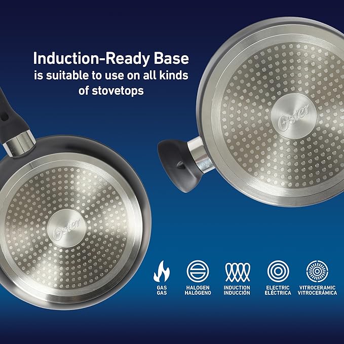 Oster Hawke 14 Piece Aluminum Premium PFA Free Ceramic Nonstick Blue Saphirre Pots and Pans Cookware Set W/Induction Base