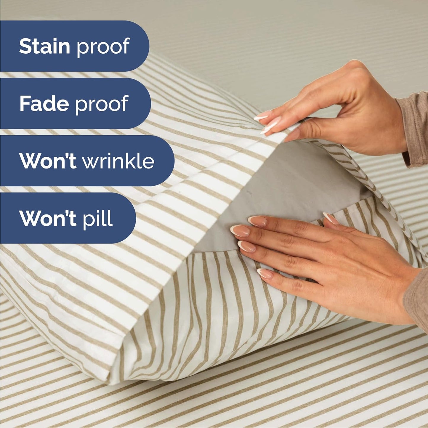 Queen Size 4 Piece Sheet Set - Comfy Breathable & Cooling Bed Sheets Set - Hotel Luxury Bedding for Women, Men, Kids, Teens, Boys & Girls - Deep Pockets and Wrinkle Free - Oeko-Tex - Beige Stripes 2