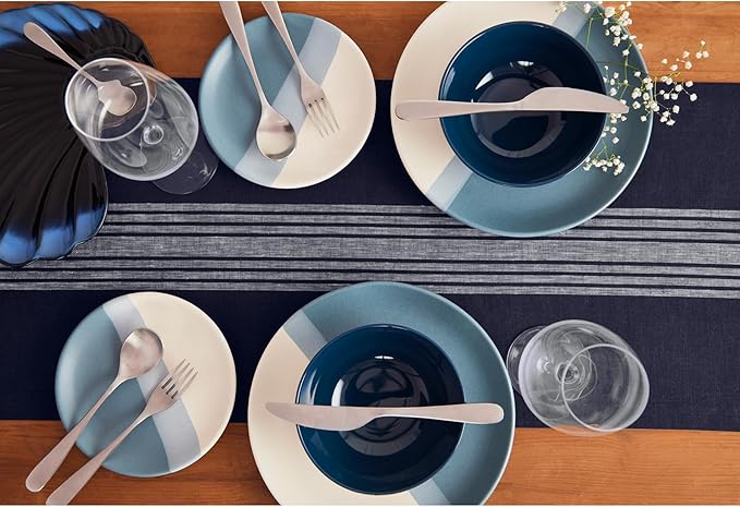 Solino Home Linen Table Runner 120 Inches Long - 100% Pure Linen Farmhouse White and Navy Table Runner 14 x 120 Inch Ideal for Dining, Christmas, New Year, Holiday