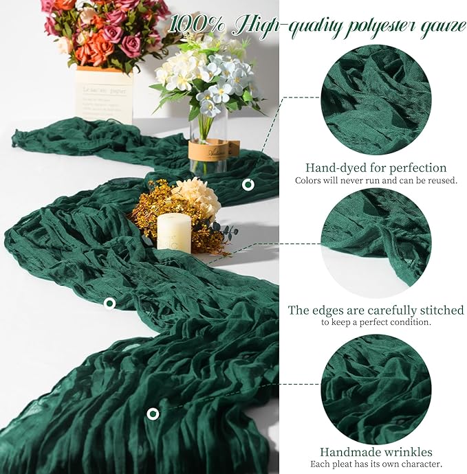 15 Packs Cheesecloth Table Runner Emerald Green,10 Ft Dark Green Rustic Gauze Boho Wedding Table Runner Decoration, Wedding Table Decor for Wedding Party Bridal Shower Table,21.5x120in