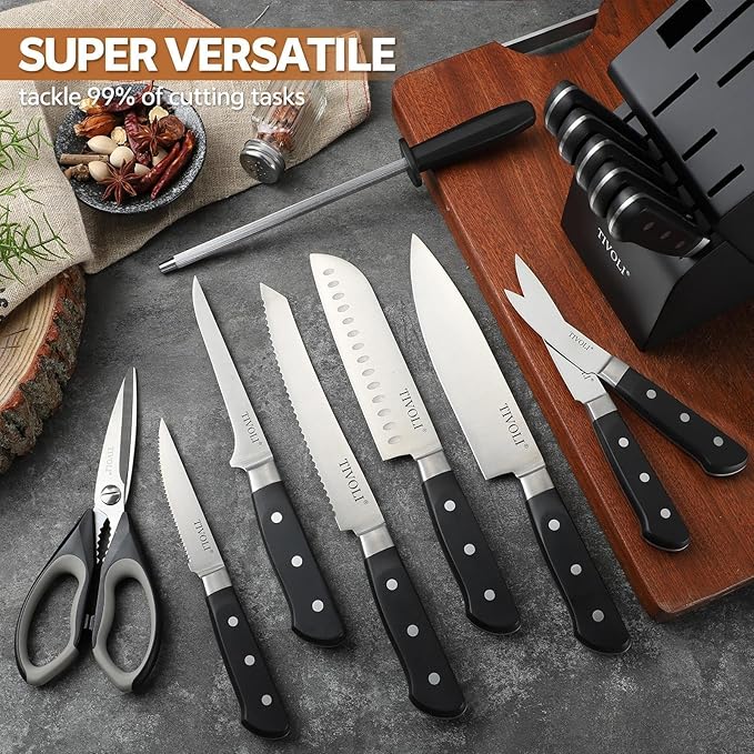 TIVOLI Knife Block Set, 15 PCS Kitchen Knife Set with Block & Honing Rod & Kitchen Scissor, High Carbon Stainless Steel Cutlery Knife Set, Ergonomic Wood Handle, Gifts For Cooks, Black