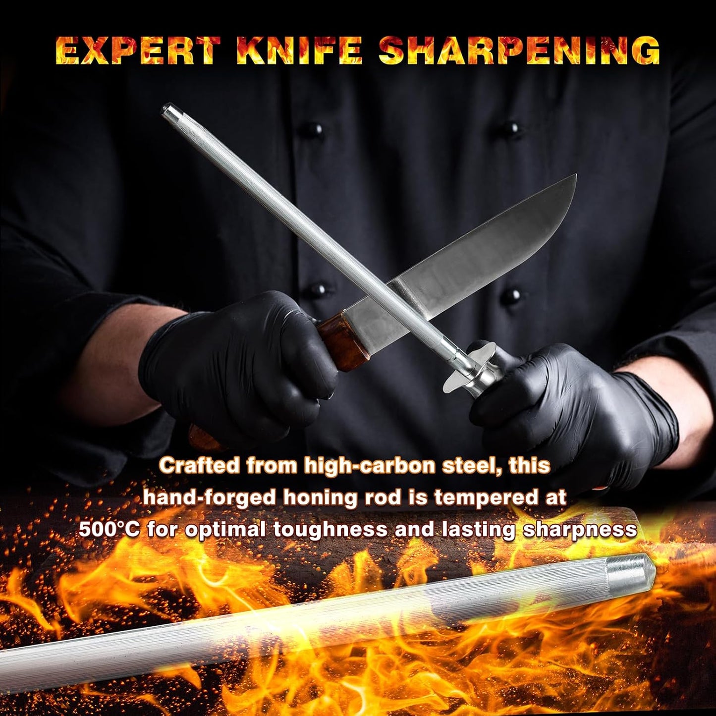 Knife Sharpener Rod, Kitchen Knives Sharpener Carbon Steel Professional Knife Sharpening Steel, Honing Rod with Hanging Holes (13 inches), Y