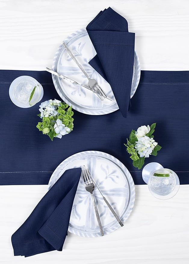 Solino Home Linen Navy Blue Table Runner 132 Inches Long - 100% Pure Linen Extra Long Table Runner 14 x 132 Inch for Christmas, New Year - Classic Hemstitch