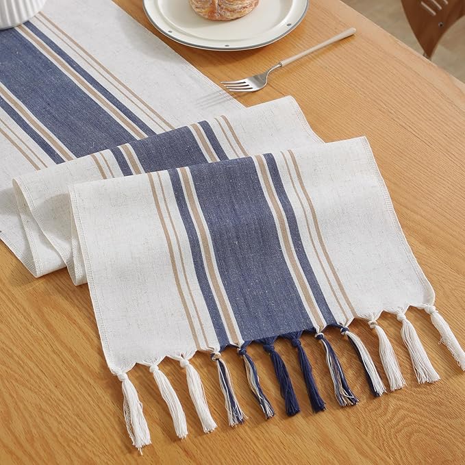 Niviy Blue Table Runner 60 Inches Long with Tassels, Seasonal Summer Washable Embroidered Striped Braided Blue and White Boho Table Runners for Holiday Party 12 x 60 Inches