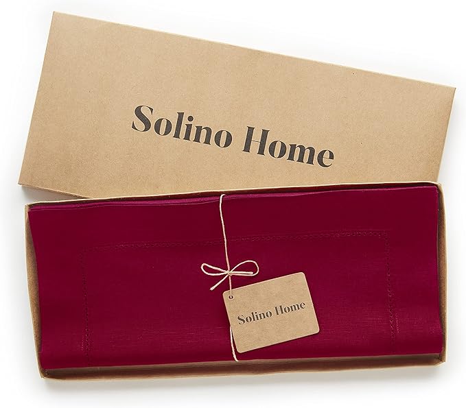 Solino Home Cotton Linen Red Table Runner 120 Inches Long - Hemstitch 14 x 120 Inch Table Runner for Winter, Christmas, Holiday, New Year