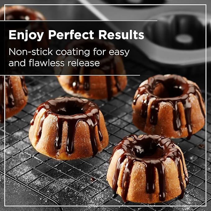 Wrenbury Set of 2 Nonstick Mini Buntz Cake Pan Non Stick for Baking - 6 Cup Bundtlette Fluted Cake Tin for Small Cakes - PFOA Free and Dishwasher Safe - 3.75” Cup Width