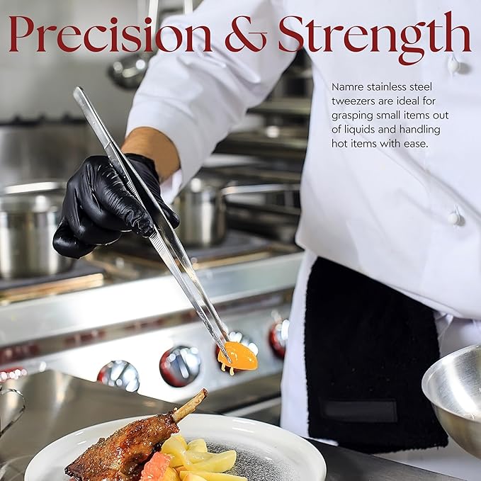 Namre' Tweezer Tongs for Cooking -Plating - 2 Pack Stainless Steel Cooking Tongs - Chopstick Precise & Strong Chef Tweezers for Food & Small Objects - 12 Inch - (Silver) Holiday and hostess gift.