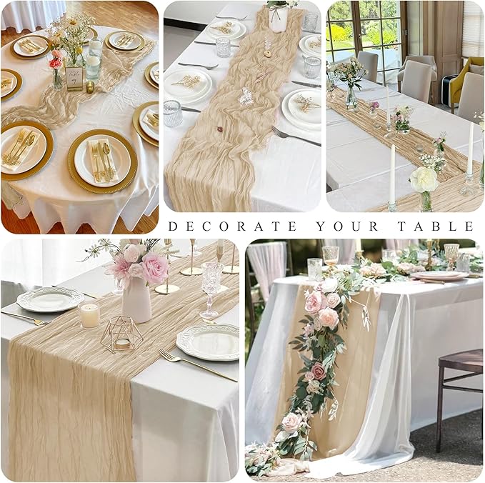 Pesonlook 20 Pack Cheesecloth Table Runner Beige, Rustic Boho Gauze Fabric Table Runner Romantic Table Runner for Wedding, Festival, Birthday, Anniversary, Dinner and Outdoor Events (17.7 x 108 inch)