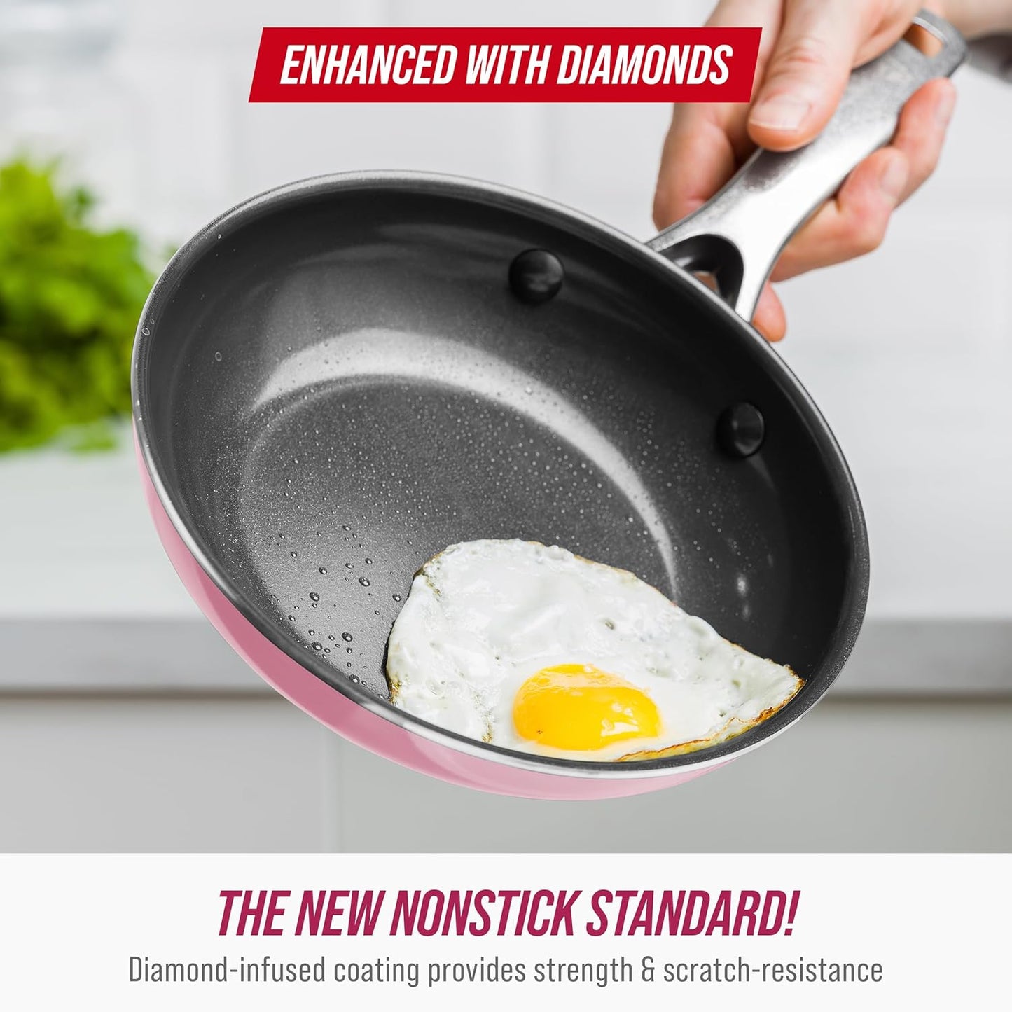 Blue Diamond 12" Nonstick Frying Pan with Lid, Diamond Infused PFAS & PTFE-Free Ceramic Skillet, Dishwasher & Oven Safe, Stay Cool Handle, Durable Non Toxic Metal Utensil Safe, Glass Lid, Pink
