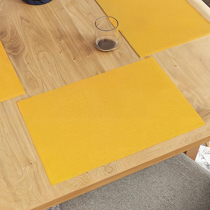 Encasa XO Dining Placemat Set of 6 | Solid Yellow Color | Fine Ribbed Cotton Table mat | Size 19x13 in |for Dining Table Fall Decoration, Holiday & Christmas Festivals - Machine Washable