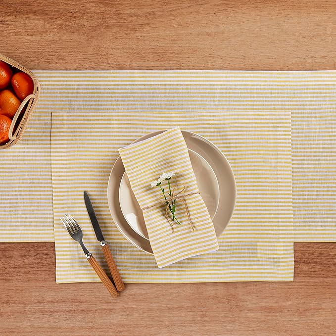 Solino Home Linen Striped Table Runner 144 Inches Long - Narrow Stripe 100% Pure Linen Spicy Mustard and White Dining Table Runner 14 x 144 Inch