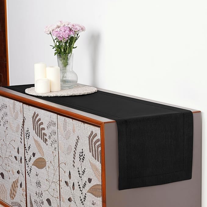D'Moksha Homes Linen Black Table Runner 48 Inches - Classic Hemstitch, 100% Pure Linen Coffee Table Runner 14 x 48 Inch Ideal for Dresser Tables - Winter, Christmas, Holiday, New Year