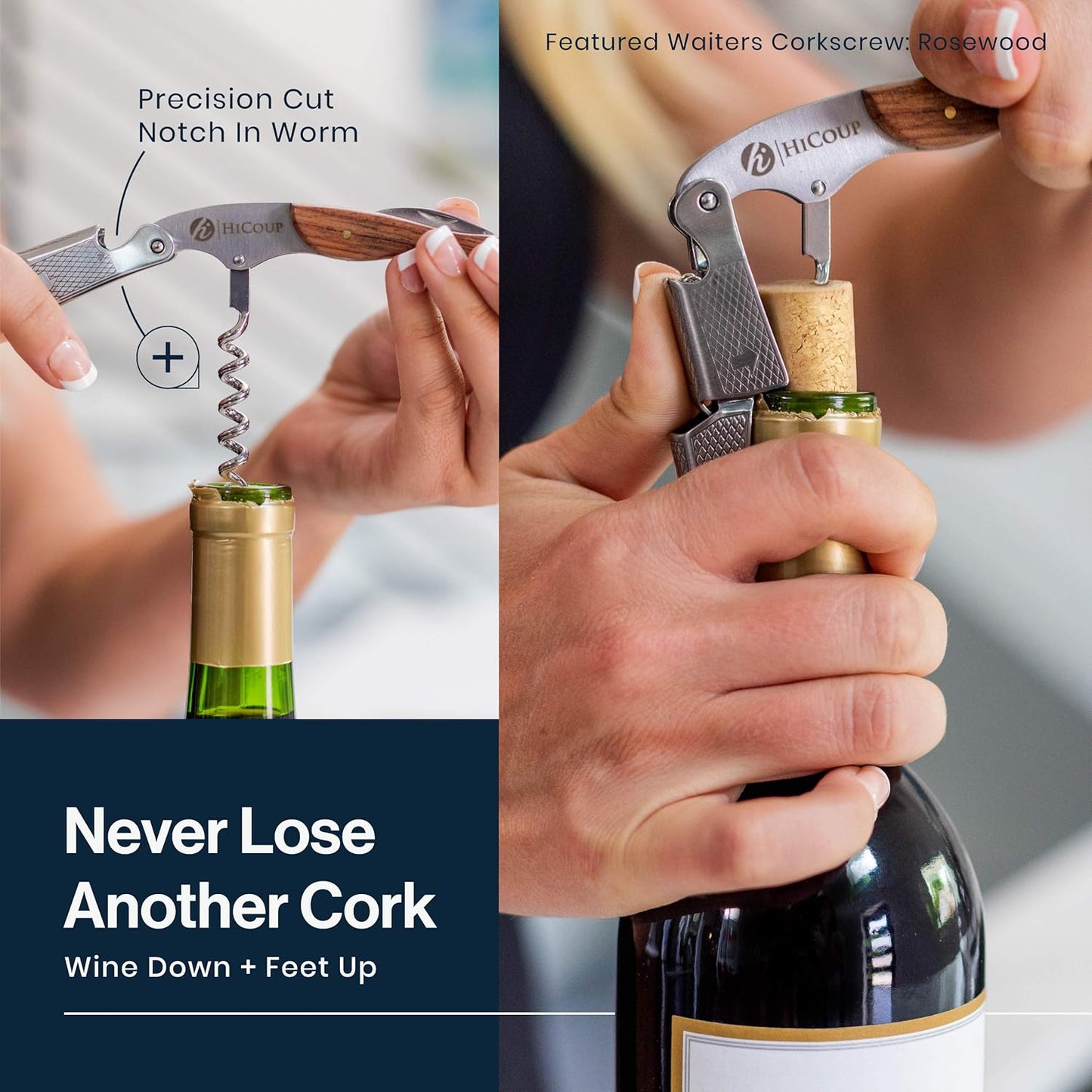 Hicoup Wine Opener - Professional Corkscrews for Wine Bottles w/Foil Cutter and Cap Remover - Manual Wine Key for Servers, Waiters, Bartenders and Home Use - Stainless Steel With Red Pear Wood Inlay