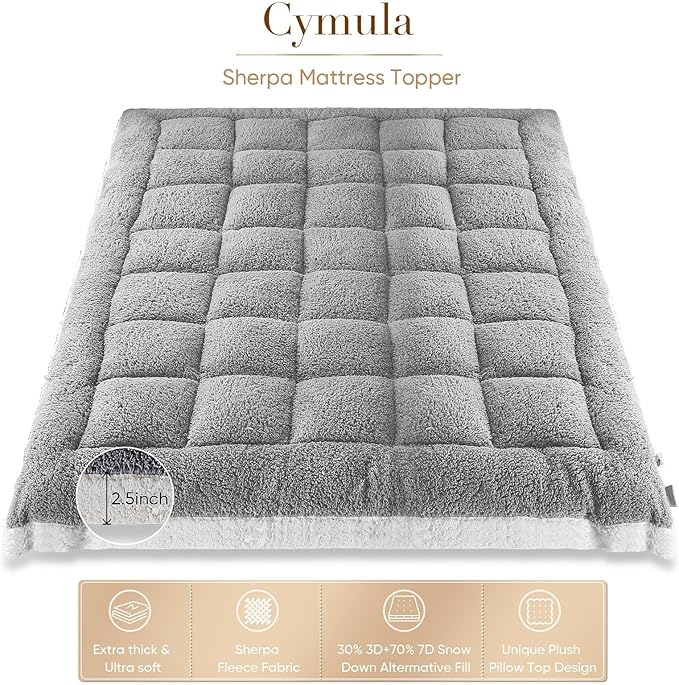 Cymula Twin Mattress Topper, Sherpa Mattress Pad for Dorm Bed Extra Thick 900GSM Down Alternative Plush Pillow Top 2inch Soft Futon Paded Mattress Protector Cover, Grey