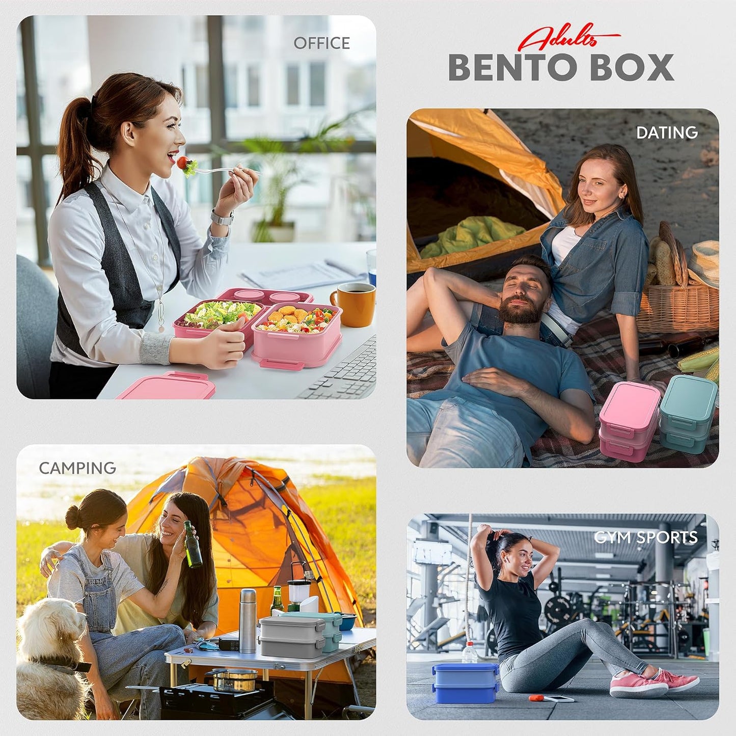 Jelife Adult Bento Box Lunch Box - 3 Layers Stackable Bento Lunch Box for Adults, 72oz Large-Style All-in-One Bento Boxes Leak-Proof Lunchbox with Utensil Sauce Containers for Dining Out,Work, Grey