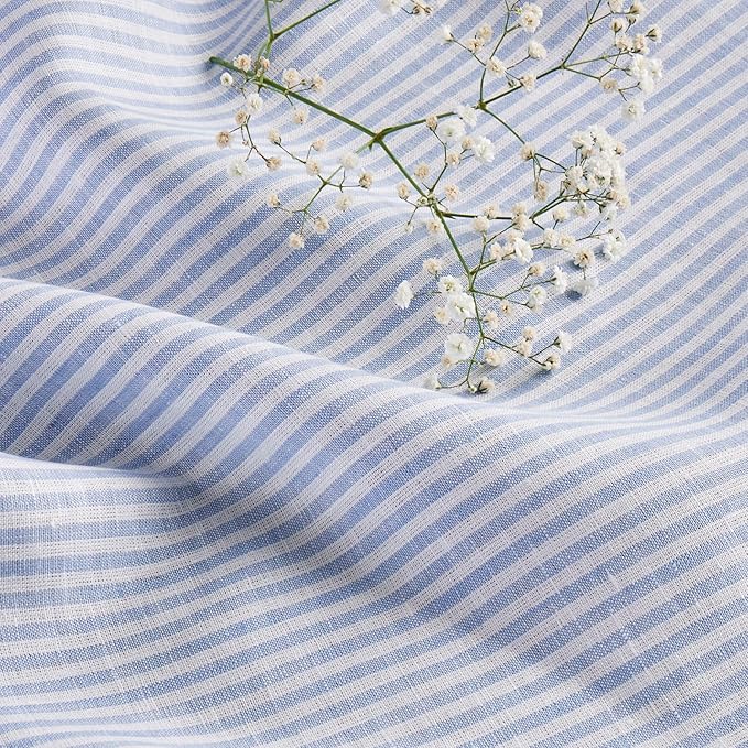 Solino Home Linen Striped Table Runner 108 Inches Long - Narrow Stripe 100% Pure Linen Cornflower Blue and White Dining Table Runner 14 x 108 Inch