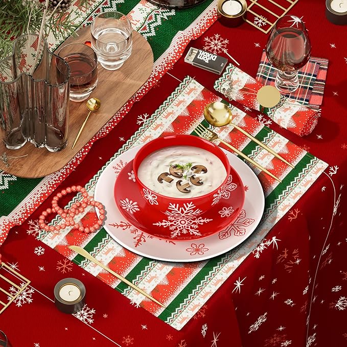 4 Pcs Christmas Cereal Bowls, 23 Oz Ceramic Bowl Set, Deep Serving Bowls, White Red Snowflake Xmas Holiday Soup Bowls for Salad, Dessert, Pasta, Ice Cream, Dishwasher and Microwave Safe