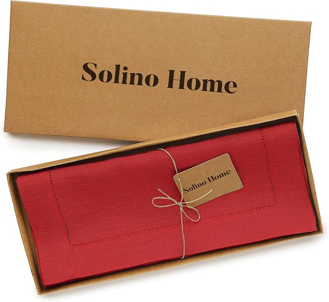 Solino Home Linen Red Table Runner 120 Inches Long - 100% Pure Linen 14 x 120 Inch Table Runner for Christmas, Holiday, Winter, New Year - Classic Hemstitch