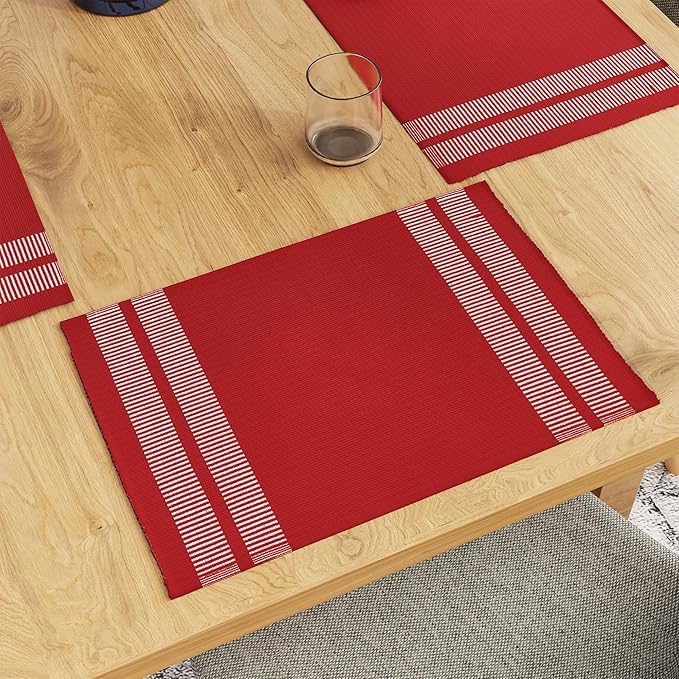 Encasa XO Dining Placemat Set of 6 | Solid Ladder Red Color | Fine Ribbed Cotton Table mat | Size 18x13 in |for Dining Table Fall Decoration, Holiday & Christmas Festivals - Machine Washable