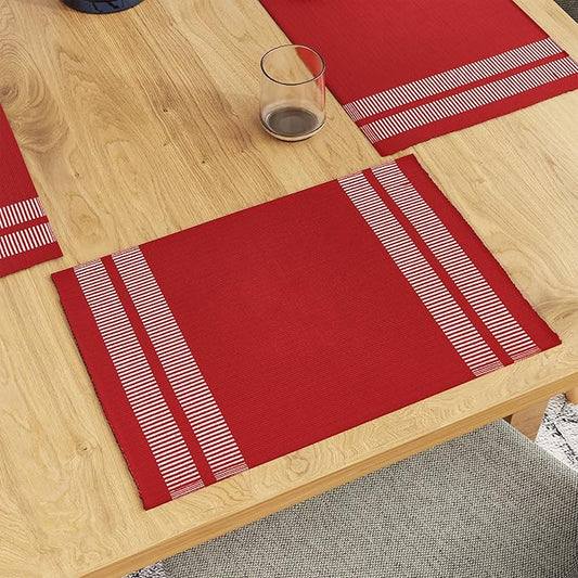 Encasa XO Dining Placemat Set of 6 | Solid Ladder Red Color | Fine Ribbed Cotton Table mat | Size 18x13 in |for Dining Table Fall Decoration, Holiday & Christmas Festivals - Machine Washable