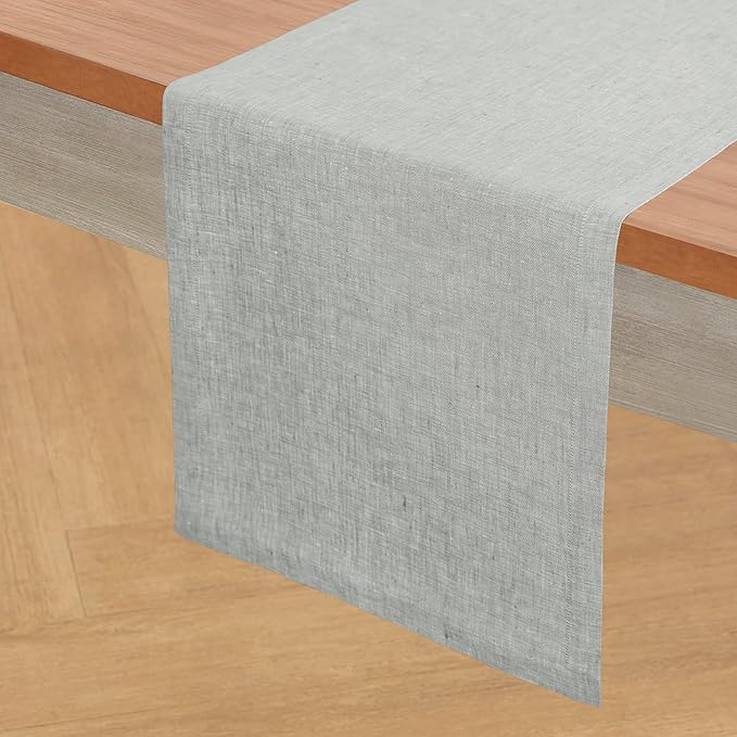 Solino Home Linen Table Runner 48 Inches - 100% Pure Linen Chambray Grey Table Runner 14 x 48 Inch Ideal for Dresser and Coffee Tables - Athena