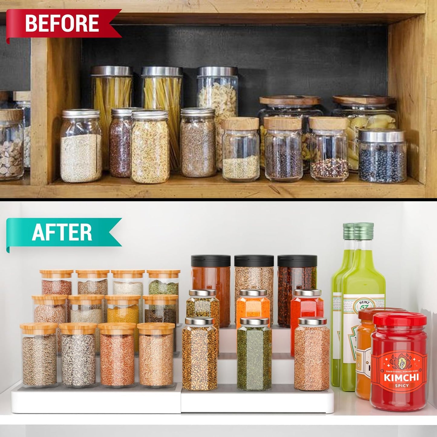 YAN & HIN Pack of 2, 3-Tier Spice Racks, Expandable and Non-Skid, Ideal as Medicine Cabinet Organizers, Kitchen Shelf Pantry Organizer, and Seasoning Organizer, Canned Food Organizer