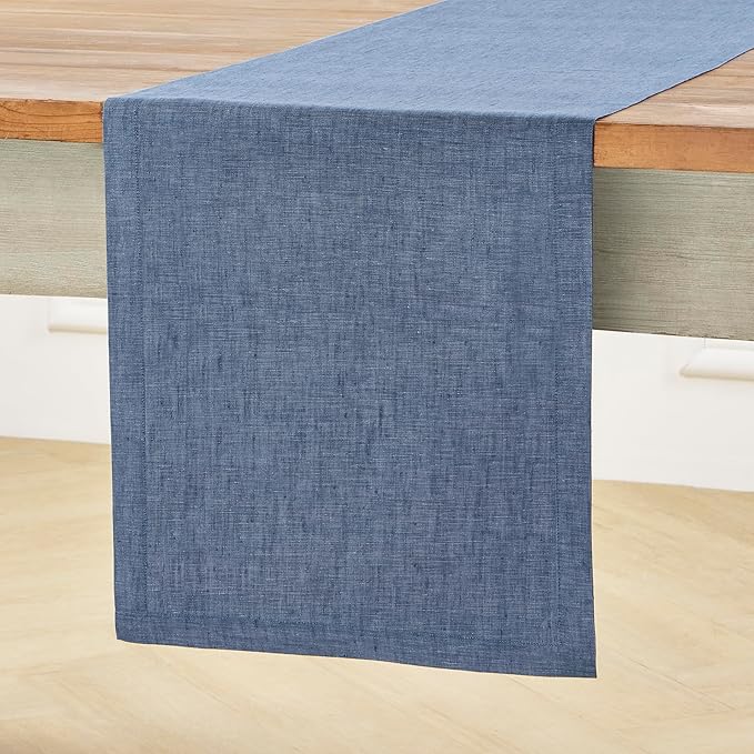 Solino Home Linen Table Runner 156 Inches Long - Athena, 100% Pure Linen Blue Denim Dining Table Runner 14 x 156 Inch for Christmas, New Year