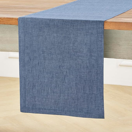 Solino Home Linen Table Runner 156 Inches Long - Athena, 100% Pure Linen Blue Denim Dining Table Runner 14 x 156 Inch for Christmas, New Year