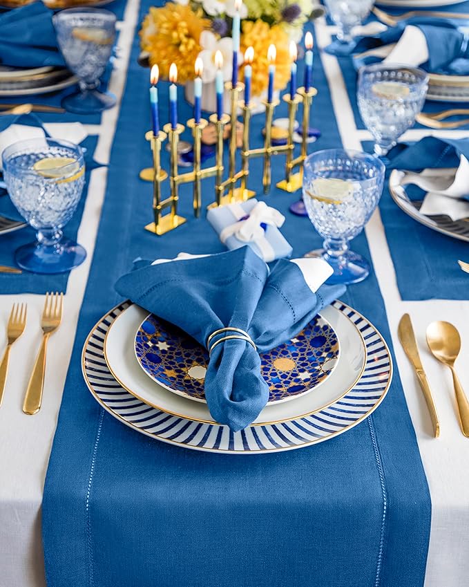 Solino Home Linen Table Runner 108 Inches Long - 100% Pure Linen Indigo Blue Table Runner 14 x 108 Inch for Christmas, Winter, New Year - Classic Hemstitch
