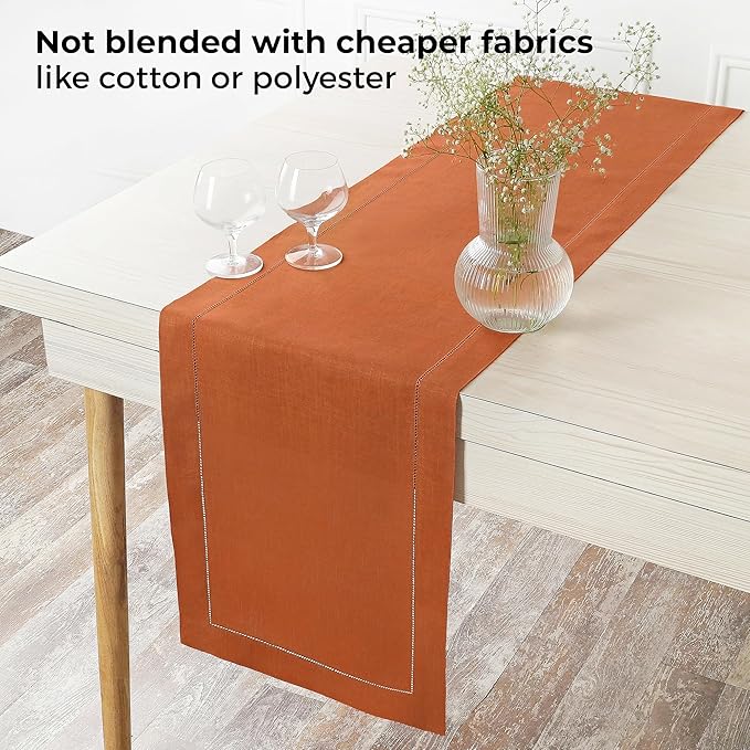 D'Moksha Homes Linen Rust Table Runner 60 Inches - Classic Hemstitch, 100% Pure Linen Coffee Table Runner 14 x 60 Inch Ideal for Dresser Tables - Winter, Christmas, Holiday, New Year
