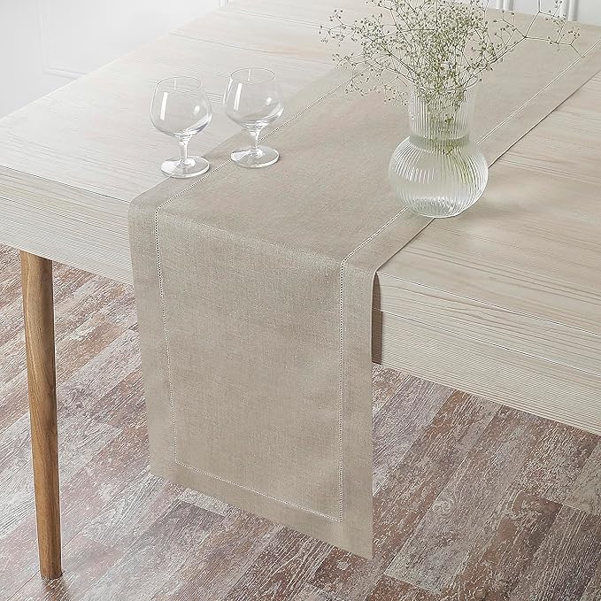 D'Moksha Homes Linen Natural Table Runner 108 Inches Long - 100% Pure Linen 14 x 108 Inch Table Runner for Winter, Christmas, Holiday, New Year - Classic Hemstitch