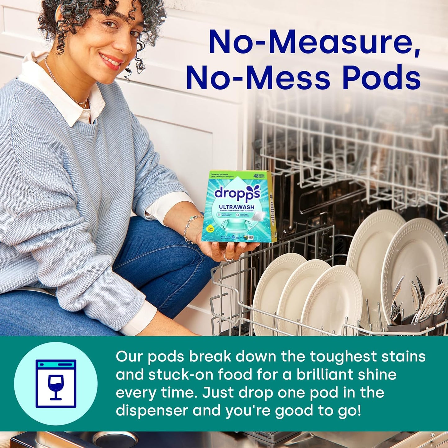 Dropps UltraWash Dishwasher Pods, Unscented (64 Count) - Biobased Power Deep Clean Dishwasher Detergent Tablets for Sparkling Shiny Dishes - No Rinse Aid or Pre-Wash Needed - Dishwashing Pods