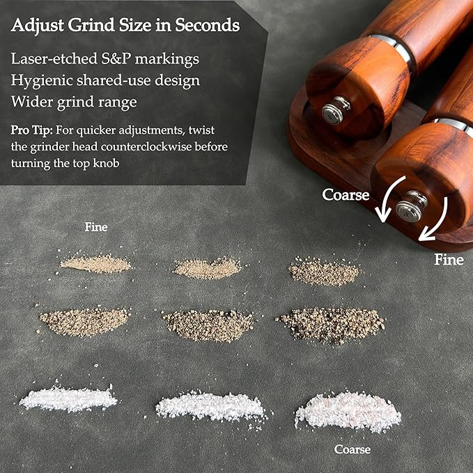 Wooden Pepper Grinder – Refillable Pepper Mill with Adjustable Upgraded Large Size Ceramic Burr – Manual Salt Grinder with Acacia Wood Body – 8.3” Tall