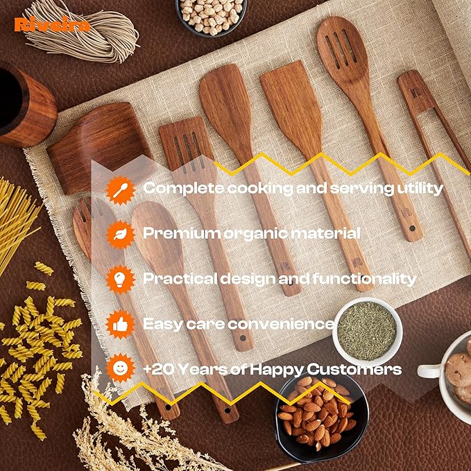 Riveira Teak Wooden Spoons for Cooking Set of 9 – Natural Teak Wooden Cooking Utensils, Wooden Spatula, Wooden Spoon - Premium Quality Utensil Set for Non-Toxic Cooking