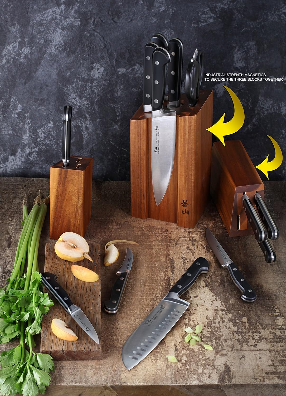 Cangshan TV2 Series 1023046 Swedish 14C28N Steel Forged 14-Piece DENALI Magnetic Knife Block Set, Acacia