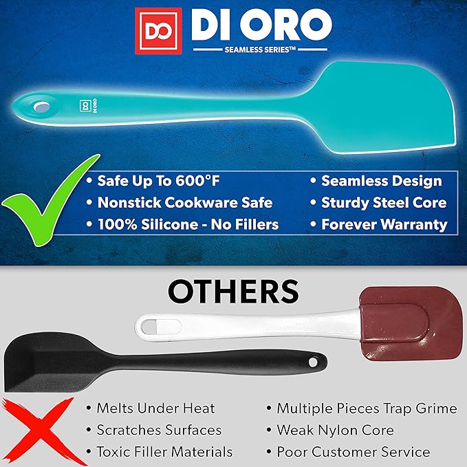 DI ORO Silicone Spatula - 600°F Heat-Resistant Rubber Kitchen Spatula for Baking, Scraping, & Mixing - BPA Free Nonstick Cookware Safe Flexible Utensil for Cooking - Seamless & Dishwasher Safe (Teal)