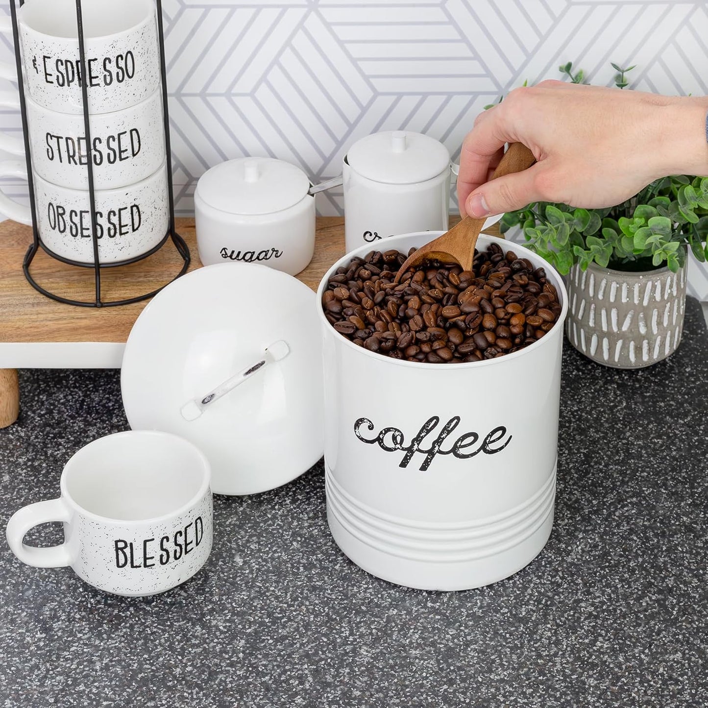 AuldHome Design Enamelware White Coffee Canister; Rustic Distressed Style Tea Storage for Kitchen