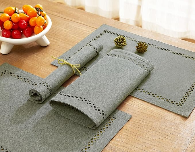 Burlap Placemats Set of 4, 12 x 18 Inch Rustic Geometric Hollow Place Mats, Heat Resistant Placemats for Farmhouse Kitchen Table Decor, Grey 4PCS