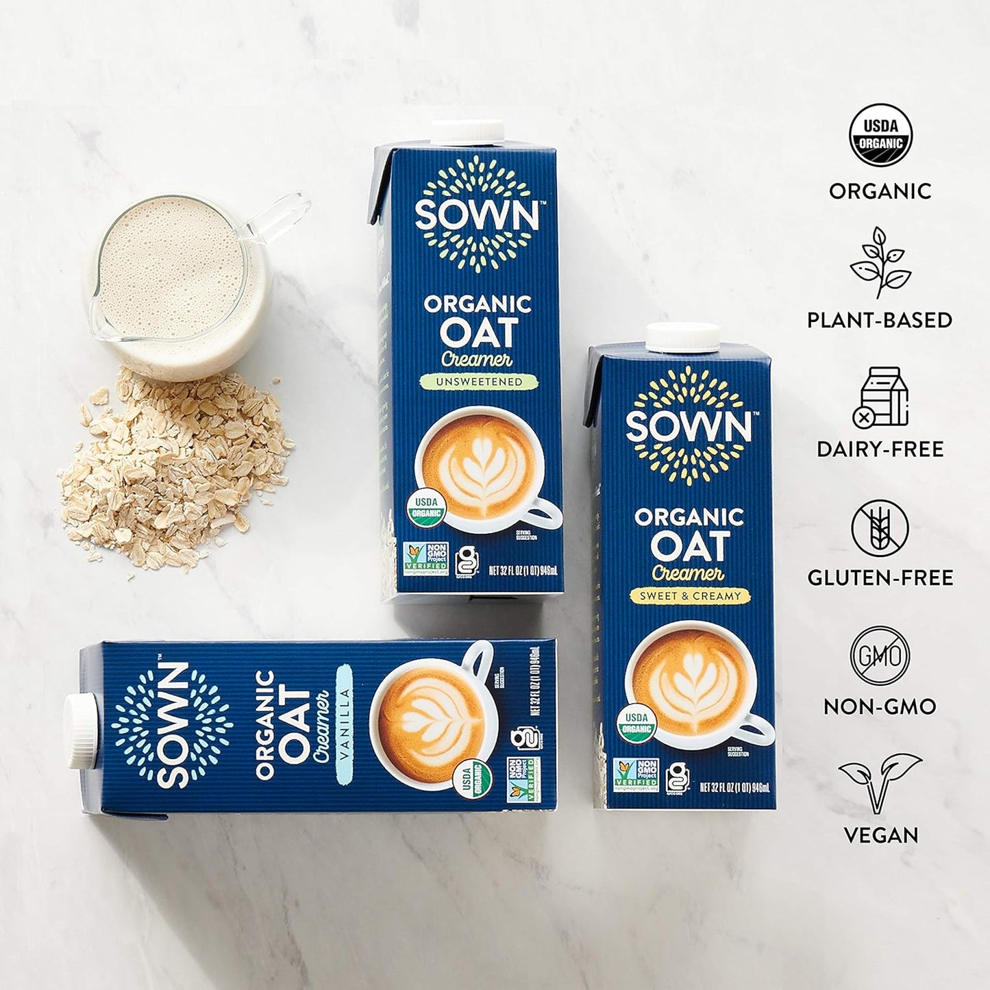 SOWN Organic Oat Creamer Vanilla - Barista Oat Milk Non Dairy Coffee Creamer - Plant Based, Dairy-Free, Vegan, Gluten-Free, Non-GMO, Shelf Stable - 32oz (Pack of 6)