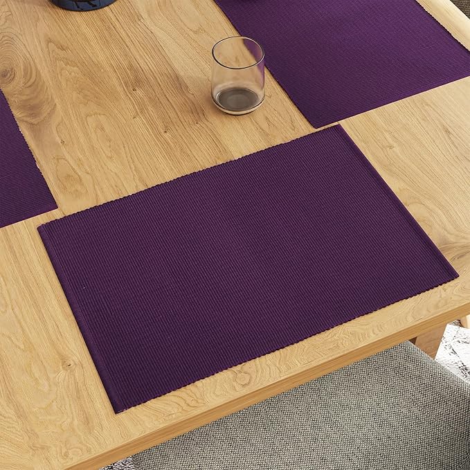 Encasa XO Dining Placemat Set of 6 | Solid Purple Color | Fine Ribbed Cotton Table mat | Size 19x13 in |for Dining Table Fall Decoration, Holiday & Christmas Festivals - Machine Washable