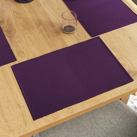 Encasa XO Dining Placemat Set of 6 | Solid Purple Color | Fine Ribbed Cotton Table mat | Size 19x13 in |for Dining Table Fall Decoration, Holiday & Christmas Festivals - Machine Washable