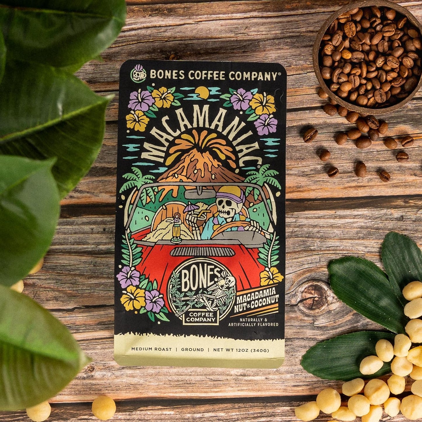 Bones Coffee Company Macamaniac, Macadamia and Coconut Flavored Coffee, Medium Roast Low Acid Arabica Beans Compatible with Auto drip and French Press Coffee Maker, 12 Oz Whole Bean